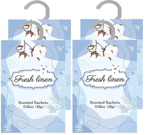 ZINQATUN XL Fresh Linen Wardrobe Freshener with Retractable Hanging Hook - 4 Pack| Vermiculite & Natural Essential Oil | Long-Lasting Scented Sachets for Wardrobes, Cars, Drawers| Home Fragrance UK
