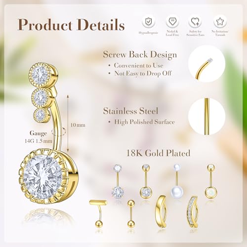Gold/Silver Belly Button Rings Hypoallergenic,Surgical Stainless Pink CZ Opal Pearl Heart Butterfly Bow Flower Piercing Kit,Cute Dangle Belly Button Navel Pack Jewelry4