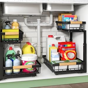 Under Sink Organizer, 2 Packs 2 Tier Under Sink Organizers and Storage, Slide out Pull out Cabinet Organizer Shelf, Metal Sliding Drawer for Kitchen Bathroom Pantry Cabinet Closet Organization Rack