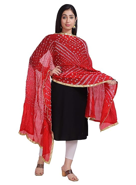 PK HUB Women’s Jaipuri Art Silk Bandhej Dupatta – Rajasthani Bandhani Multi Colour with Gota Patti Lace, 2.25m Length, Ethnic Traditional Dupatta (Red Glitter) 1