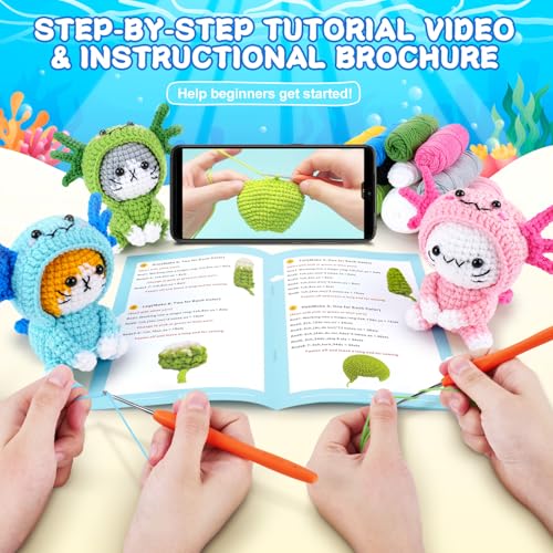 Image of Fortuning's JDS Crochet Kit for Beginners - 3 PCS Axolotl Cat Crochet Kits with Step-by-Step Video Tutorials, Beginner Crochet Kit for Adults, Crochet Cat Dressed as Axolotl Set