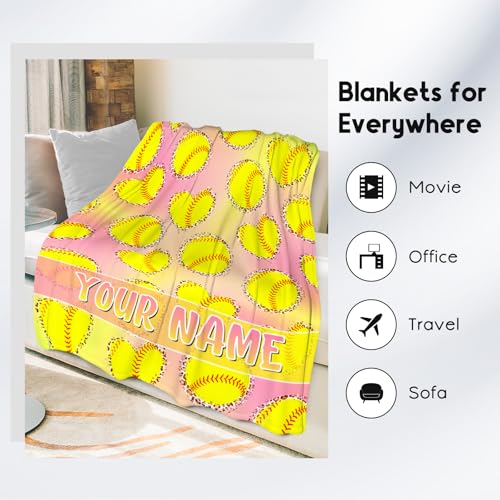 Custom Softball Blanket, Cozy Soft Throw Gifts for Boys, Cool Pink Flannel Throw Blankets for Couch Sofa, 40x50 Inches