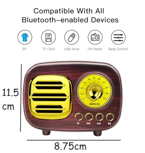 Image of BKK Retro Portable Bluetooth Speaker with FM Radio and Antenna, Wireless Bluetooth Speaker with Calling Feature, USB Charging, TF Card Support, with Wireless Mic, Vintage Speaker - 11.5x8.75x6cm