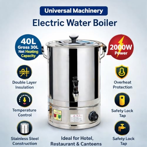Image of 2000W Electric Water Boiler with 40L Gross Heating Capacity | Stainless Steel Commercial Heating Machine for Hotel, Restaurant, & Canteens | Tea Coffee Milk Dispenser (30L Net)