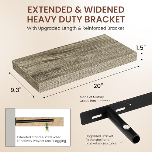 Image of Dreamland 20 Inches Floating Shelves for Wall, 9.3 inch Deep Long Floating Shelves Set of 2, Large Display & Storage Shelf, Wall Shelf for Bathroom Bedroom Living Room Kitchen Office, Grey