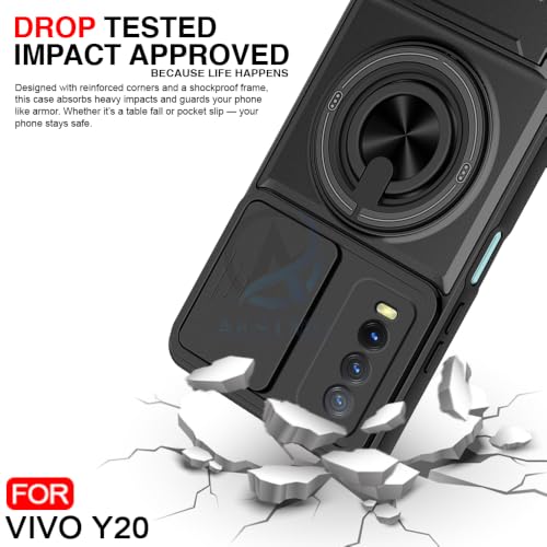 Image of AESTMO Vivo Y12s / Y20 / Y20i Back Cover | Armor Camera Slider 360 Degree Rotating Finger Ring Holder Case with Bracket Stand Back Case Cover (Compatible with MagSafe Accessories) (Black)