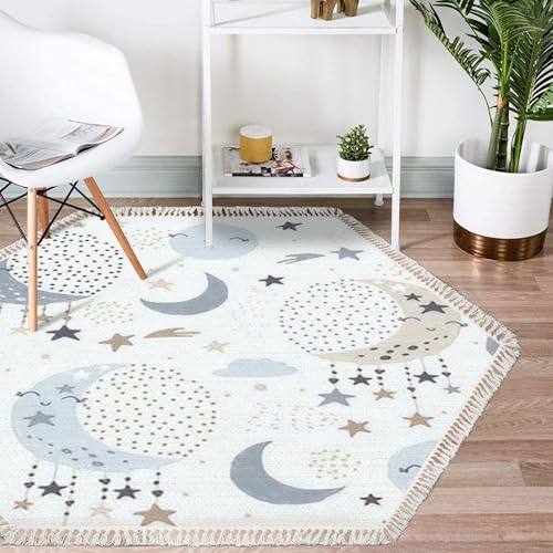 Mbzpbdbapy YUANNHSFL6L5B-HEXAGON Hexagon Boho Rug Cute Moon Stars Clouds Kids Trendy Chic Washable Area Rug Hallway Runner Rug Minimalist Meditation Mat thumb #1