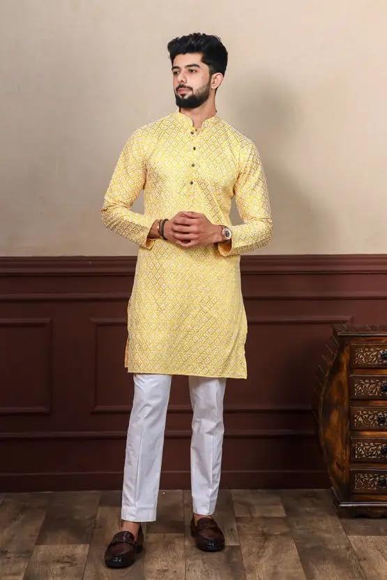 Image of LookMark Men's Printed Silk Blend Kurta with Mandarin Collar, Full Sleeves, Straight Fit Traditional Ethnic Wear