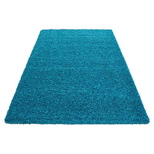 Carpetsale24 Tapis à Poils Longs Turquoise Bleu, Unicolore, Tapis Moelleux à Poils Longs, Shaggy Flokati, Tapis Rond, Entretien Facile, Tapis de Salon, Dimension: 200 cm Rond