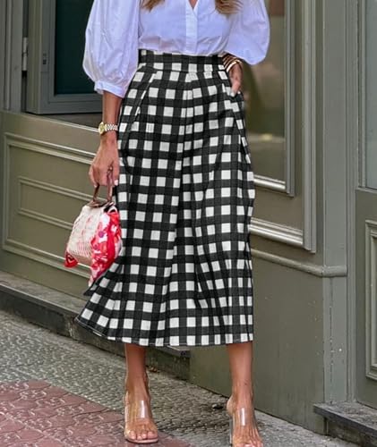 SOMTHRON Women's Summer Plaid Midi Skirt Elastic High Waist A Line Gingham Printed Flowy Work Office Long Skirt2