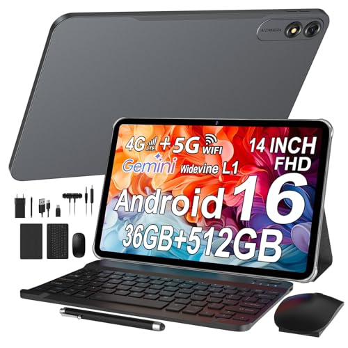 LEVIRTU Android 16 Tablet 14 Pulgadas Octa-Core 2.2GHz/36GB RAM+512GB ROM(TF 2TB) INCELL FHD,Gemini AI, 4G LTE+5G WiFi/11580mAh/Facial ID/Widevine L1/BT5.0/GPS/13MP Tablets con Teclado y Lápiz, Gris
