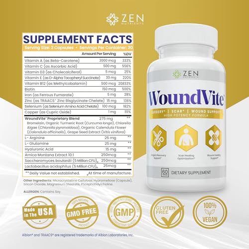 Image of Zen Nutrients WoundVite Pre & Post Surgery Support, Scar & Wound Care, Scar Treatment, Plastic & General Surgery, Heal Faster & Aids in Recovery Time w /Bromelain, Turmeric & Arnica - 60 Vegan Caps