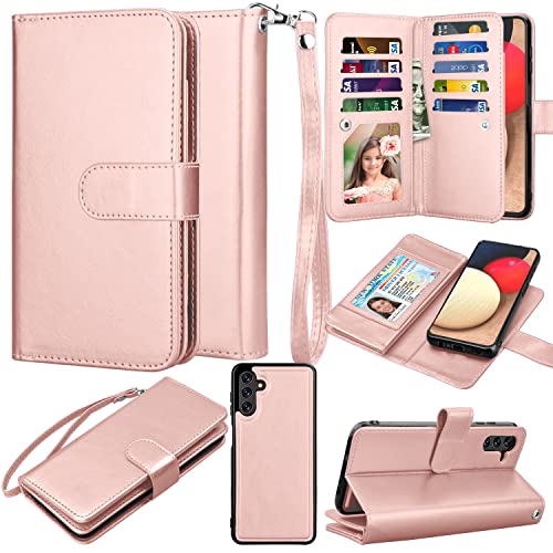 Galaxy A13 5G Case, Galaxy A13 5G Wallet Case, Takfox PU Leather [9 Card Slots] ID Credit Card Holder Folio Flip Cover Magnetic Detachable Phone Case [Kickstand]& Lanyard for Samsung A13 5G-Rose Gold