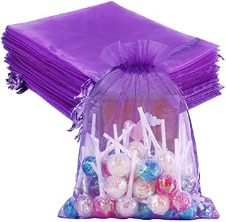 100pcs Organza Bags 16.5 x 22.5cm, Purple Large Mesh Gift Drawstring Bags for Christmas Wedding Shower Party Favors Jewelry Samples