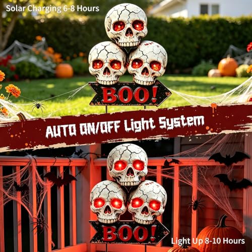 Image of VOOKRY Solar Halloween Skull Lights Outdoor, 3 Skulls with Red Glowing Eyes