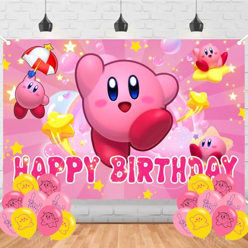 Cartoon Star Birthday Party Backdrop and Decoration Kirbyy Banner Cake Topper Shoot Photo Background Props for Boys and Girls - 5x3ft
