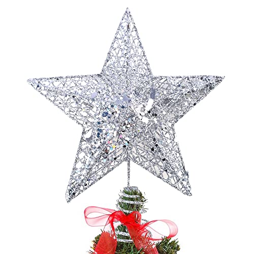 KEYIDO Christmas Tree Star Silver Christmas Star Tree Topper Metal Glitter Xmas Stars for Top of christmas Tree Decorations Ornaments 15 * 20 cm