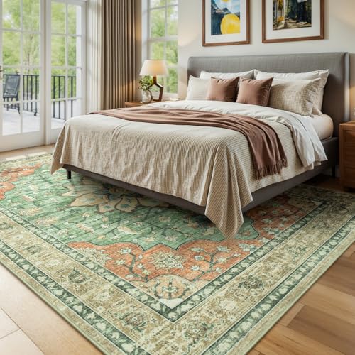 Vibrug Washable Rugs for Living Room Bedroom, 5x7 Area Rugs for Kitchen Office Nursery, Non Slip Low Pile Rug Indoor, Vintage Boho Print Floral Carpet, Orange