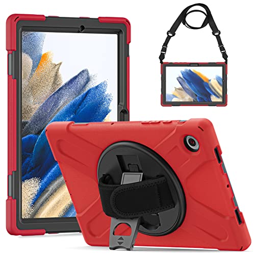 Gerutek Samsung Tab A8 Case 10.5 inch Shockproof Heavy duty Case with 360° Rotating Stand/Hand & Shoulder Strap Bumper Hard Strong Cover for Samsung Galaxy A8 tablet, Red