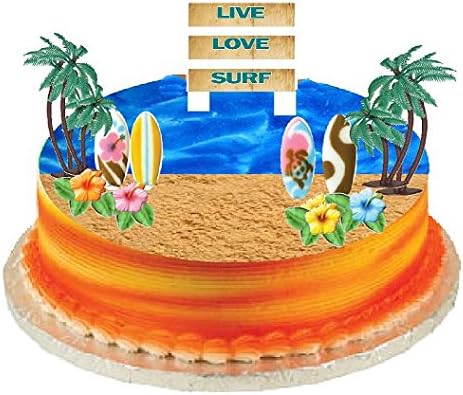 Surf Cake Topper with Sugar Surfboards, Sugar Hibiscus Flowers, Palm Trees and Surf Sign