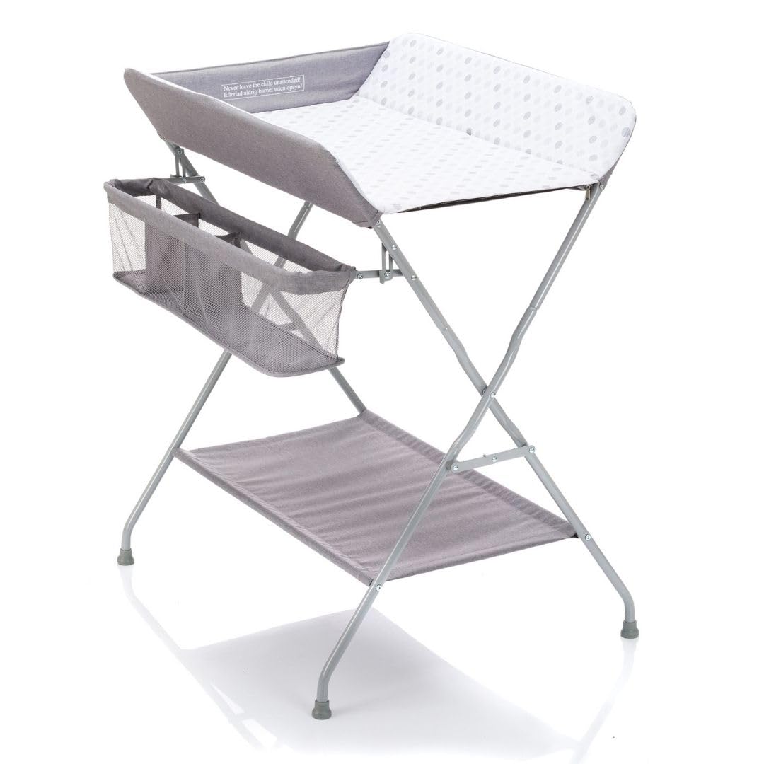 Fillikid Table a Langer Pliante, Transportable - Gris à Pois | Avec compartiments de rangement, bords surélevés, compacte, peu encombrante et stable