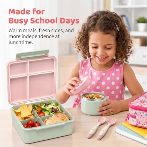 Image of Bento Lunch Box with 8oz Soup Thermo, Kids Leakproof Lunch Food Containers with 4 Compartment, Kids Thermo Insulated Hot Food Jar for School, Trvael (Green-Pink)