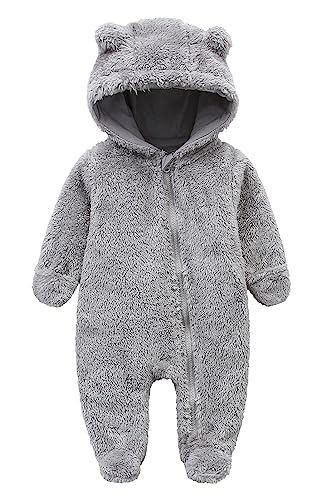 Image of Baby Furry Jumpsuit Infant Bear Onesies Zipper Long Sleeve One-Piece Romper Hoodie Baby Outwear Snowsuit