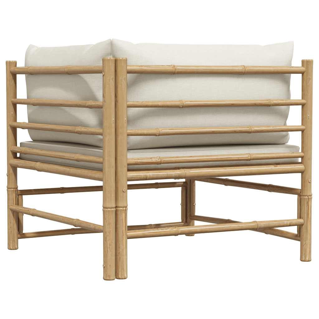 Sofá esquinero modular de bambú en color blanco crema con cojines gruesos acolchados para asiento y respaldo, ideal para patio y patio, fácil de ajustar y fácil de limpiar