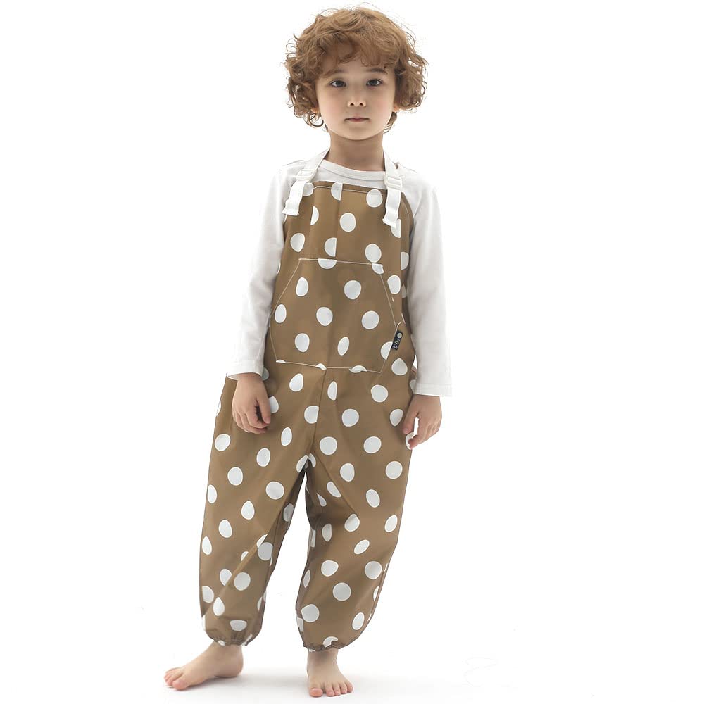 Kids Art Smock Dungaree Style, Lightweight Waterproof Painting Apron with Adjustable String, Quick-Dry Messy Play Overall for Boys Girls School Crafts, Brown Dot (33-XL)
