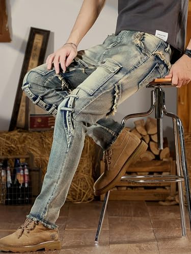 Men's Skinny Jeans Slim Fit Stretch Distressed Denim Pants Stacked Vintage Yellow Straight Jeans for Streetwear, Skateboard4