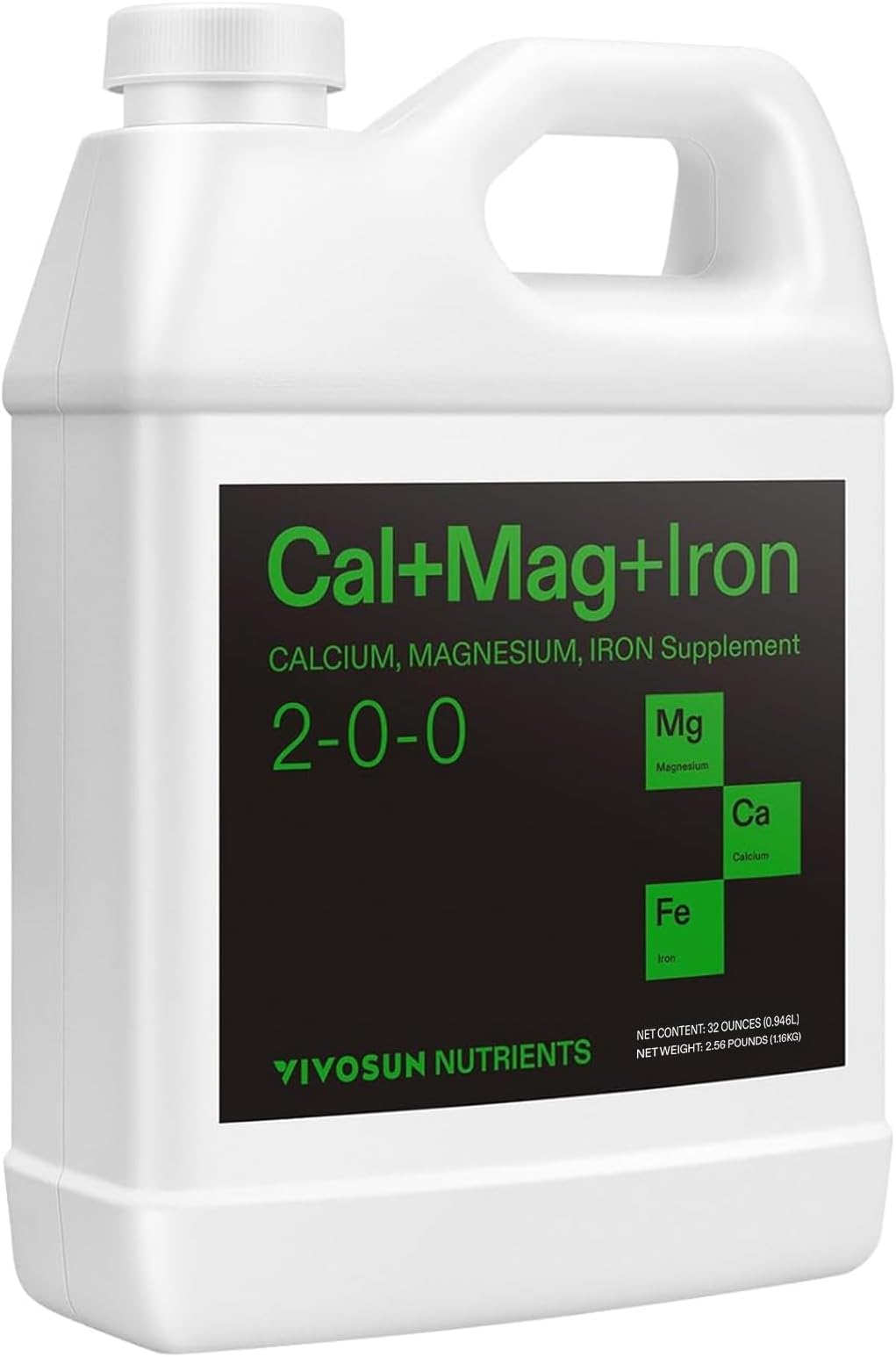 Cal+Mag+Iron (2-0-0), Calcium, Magnesium & Iron Supplement, Liquid Nutrient Fertilizer for All Plants, Concentrated Plant Food for Soil/Soilless Cultivation, Hydroponics, 1 Quart