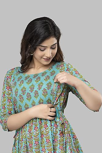 Image of Vinny's Creation Women's Cotton Maternity Kurti | Floral Printed Feeding Kurta with Hidden Zipper | Stylish Pregnancy Gown & Nursing Dress for Womens