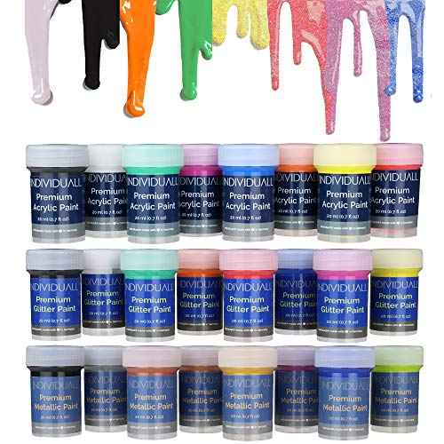 'ALL IN ONE' Metallic, Glitter, Acrylic Paint Set by individuall - All-Purpose Professional Grade Hobby Paints - Vivid Craft Paint Sets for Family and DIY Projects - 24 Cans, 20ml each 'ALL IN ONE' Metallic, Glitter, Acrylic Paint Set by individuall - All-Purpose Professional Grade Hobby Paints - Vivid Craft Paint Sets for Family and DIY Projects - 24 Cans, 20ml each