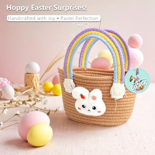Image of Exun Bunny Basket for Kids, Cute Cotton Tote Bag Hand-Woven Handbag with Rainbow Handles, Easter Egg Hunt Basket Bags for Boys, Girls, Toddler, Babies, Easter gift basket Personalized (Brown)
