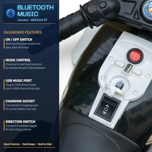 Image of MEKASHI 6V Electric Ride-On Bike for Kids with Bluetooth Music (White) | Realistic styling with LED headlight, rechargeable battery & smooth ride performance for toddlers aged 1-4 years
