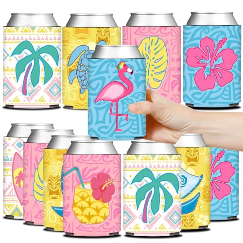 HAPPARTY 12PCS Hawaiian Luau Can Cooler Sleeves,Tropical Island Party Favor