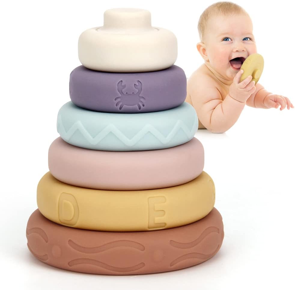 Stacking & Nesting Circle Toy,6 Pcs Soft Building Rings Stacker & Teethers,Squeeze Play with Early Educational Learning Stacking Tower, Toy for 6+ Months Boys & Girls