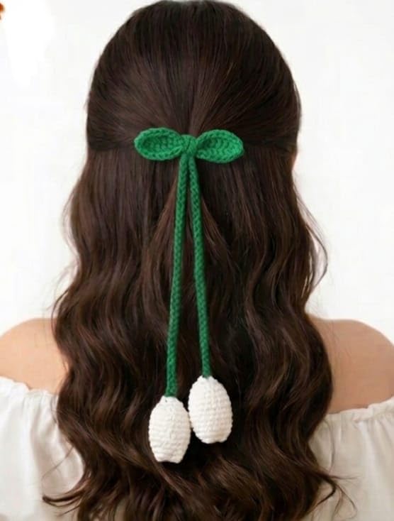 Crochet Tulip Hair Tie, White and Green | Handmade, Floral Hair Accessory | Handmade, Floral Hair Accessory, Tulip Design, White and Green-image-32