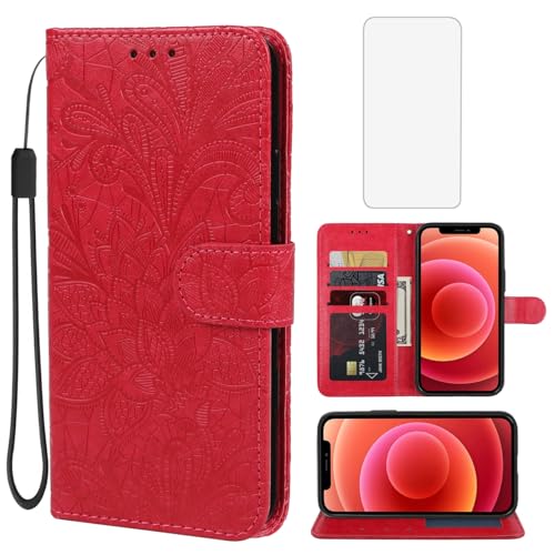 Coque iPhone 12 Mini rouge avec étui portefeuille en cuir fleur et verre trempé