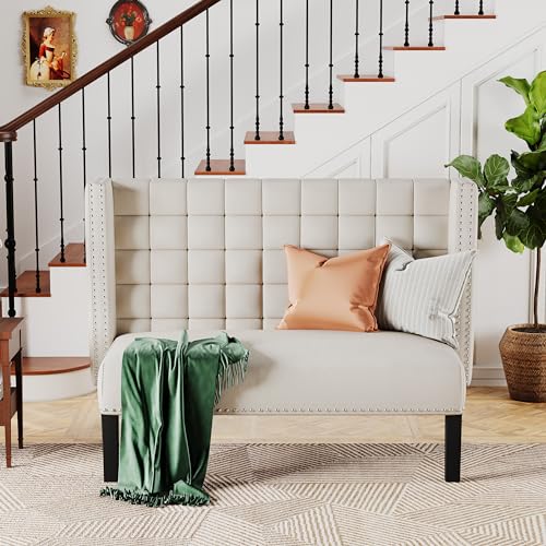 Andeworld Modern Upholstered Loveseat Bench for Dining, Living Room, or Entryway - White