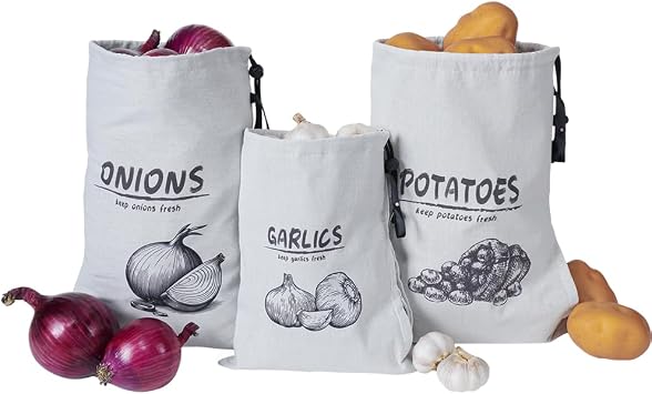Potato Onion Garlic Storage Bag, Reusable Potato Onion and Storage Bag for Pantry, Vegetable Storage Bags with Drawstring Closure, 3 Packs Potato Onion Garlic Bag