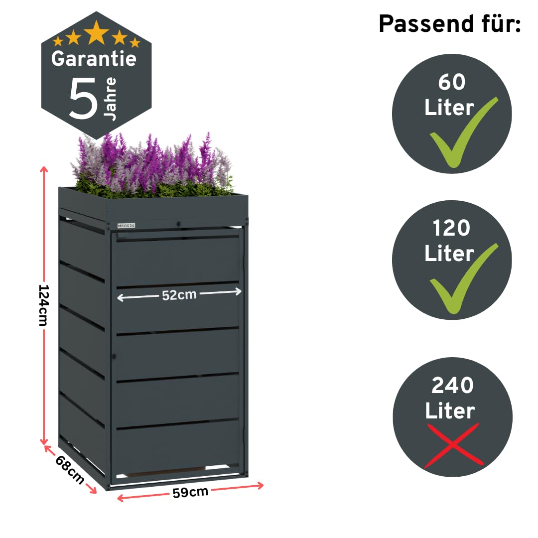 Classic Flora | Mülltonnenbox 1er für 120l mit Pflanzdach - Mülltonnenverkleidung aus verzinktem Stahl in Anthrazit, robuster & wetterfester Mülltonnenunterstand