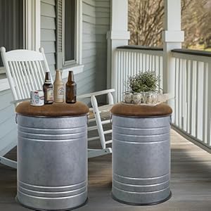 Rustic Storage Ottoman Seat Stool Set of 2, Farmhouse Accent End Table, Galvanized Metal Barrel Ottoman Storage Stool with Round Brown Upholstered Lid for Living Room&Bedroom Furniture,Grey Rustic Storage Ottoman Seat Stool Set of 2 Farmhouse Accent End Table Galvanized Metal Barrel Ottoman Storage Stool with Round Brown Upholstered Lid for Living RoomBedroom FurnitureGrey