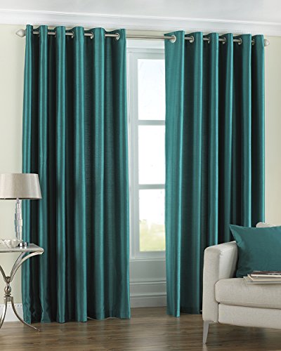 Image of Riva Paoletti Fiji Ringtop Eyelet Curtains (Pair) - Teal Blue - Faux Silk - Ready Made - Semi Sheer - 100% Polyester - 168cm width x 229cm drop (66" x 90" inches) - Designed in the UK