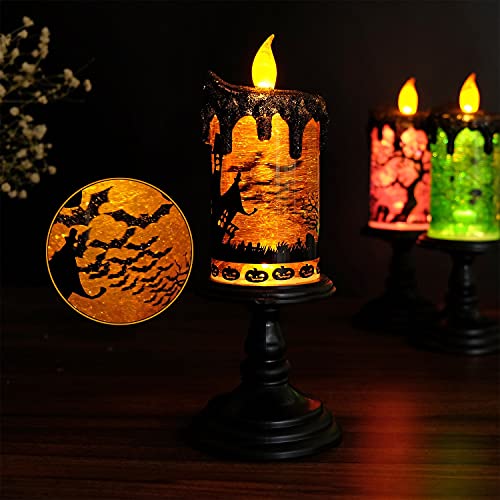 Image of Halloween Flameless Candle Snow Globe Battery Operated with 6 Hour Timer, Yellow Light Bat Decal Water Tornado Lamp LED Candlestick Halloween Season Decor Gift 4 x 10 Inches
