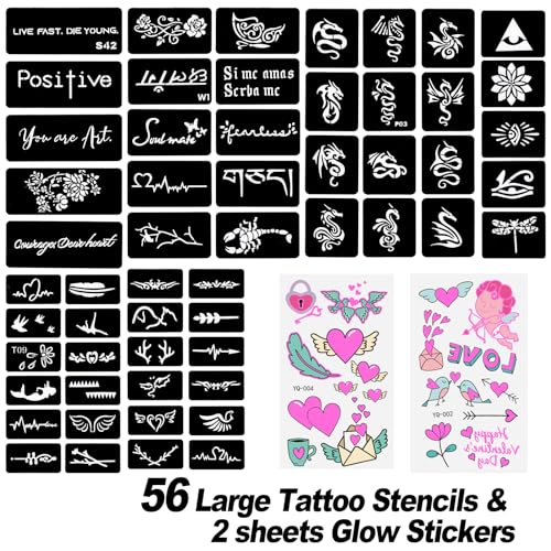 Temporary-Tattoo-Markers-for-Skin-15-Body-Markers-56-Large-Tattoo-Stencils-2-sheets-Glow-Stickers-for-Kids-and-Adults-Dual-End-Tattoo-Pens-with-Bold-and-Fine-Lines-safty-inkZYH2310001KIT