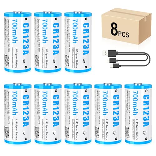 CR123A 3V Lithium Batterie 8 Stück 3V Wiederaufladbare USB Lithium Akku bis zu 3000 Zyklen mit USB-C-Ladeanschluss Schnellladung in 2 Stunden 123A Batterie 700mAh für Türschloss Fingerabdruck etc.