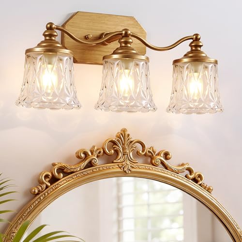 maesta Gold Bathroom Light Fixtures, 3 Light Bathroom Vanity Light, Matte Antique Gold Finish with Crystal Glass Shade, Gold Vintage Vanity Light for Bathroom, Living Room, Bedroom, Hallway