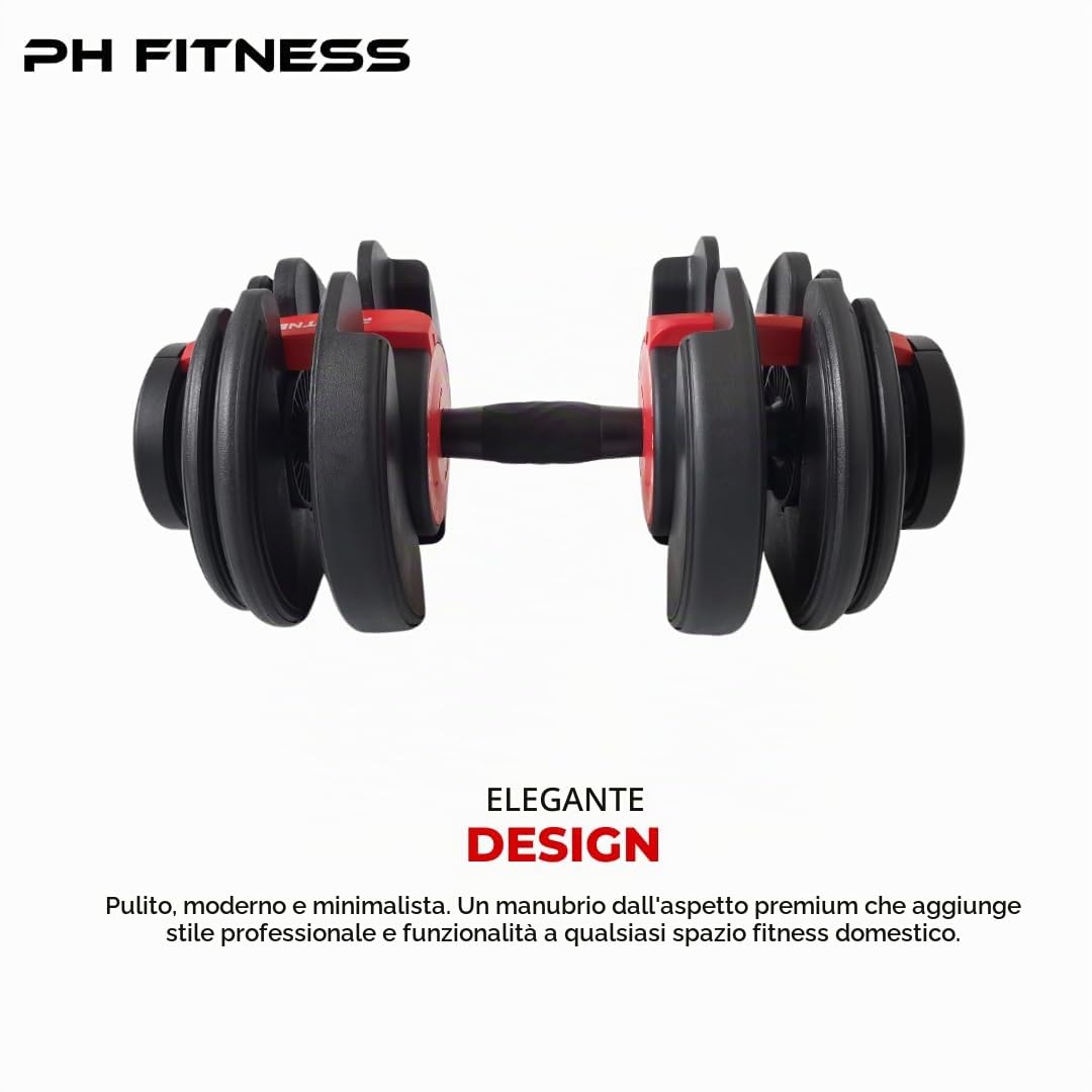 PH Fitness Manubrio Regolabile Premium 24kg – Singolo – 15 in 1 con Regolazione a Una Mano – 2,5-24kg – Compatto e Salvaspazio – Per Allenamento a Casa
