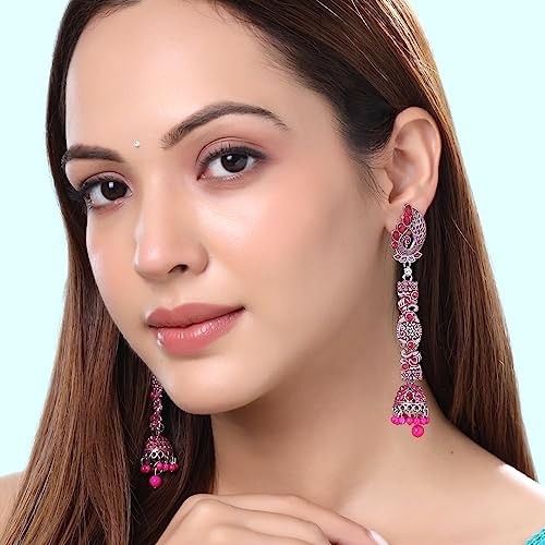Image of Yellow Chimes Earrings for Women and Girls Traditional Silver Oxidised Jhumka German Silver Earring Set Dome Shaped Dangler Jhumki Earrings Combo | Birthday Gift For Girls and Women